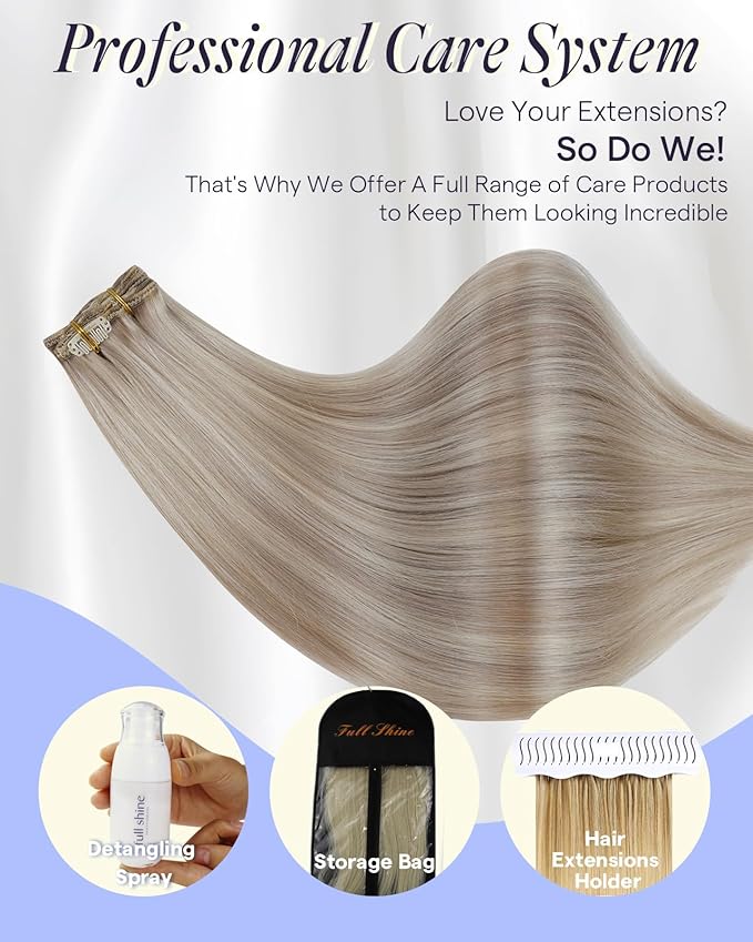 Full Shine Human Hair Clip in Extensions 24 Inch Ash Blonde Highlighted Platinum Blonde Long Thick Clip in Human Hair Extensions for Wedding 150 G 7 Pcs