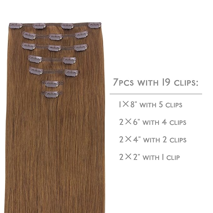 WENNALIFE Clip in Hair Extensions Real Human Hair, 24 Inch 120g 7pcs Human Hair Extensions Clip In Human Hair, Light Auburn Brown Hair Extensions Clip In Real Hair Coloured Remy Human Hair Extensions