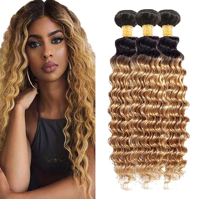 1b/27 Human Hair Bundles Ombre Blonde Deep Wave Bundle Brazilian Virgin Soft and Silky Remy Hair 3 Bundles 14 16 18 Inch Double Weft 2 Tone Black and Honey Blonde Bundle 150g