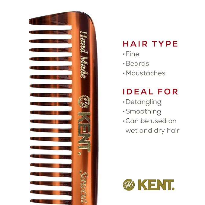 Kent 93T Beard Comb for Men - Wide Tooth Men's Comb, Ideal For Mustaches and Beards and Facial Hair, Small Pocket Sized Travel Detangler Combs, Saw-Cut, Hand Polished, Made in England