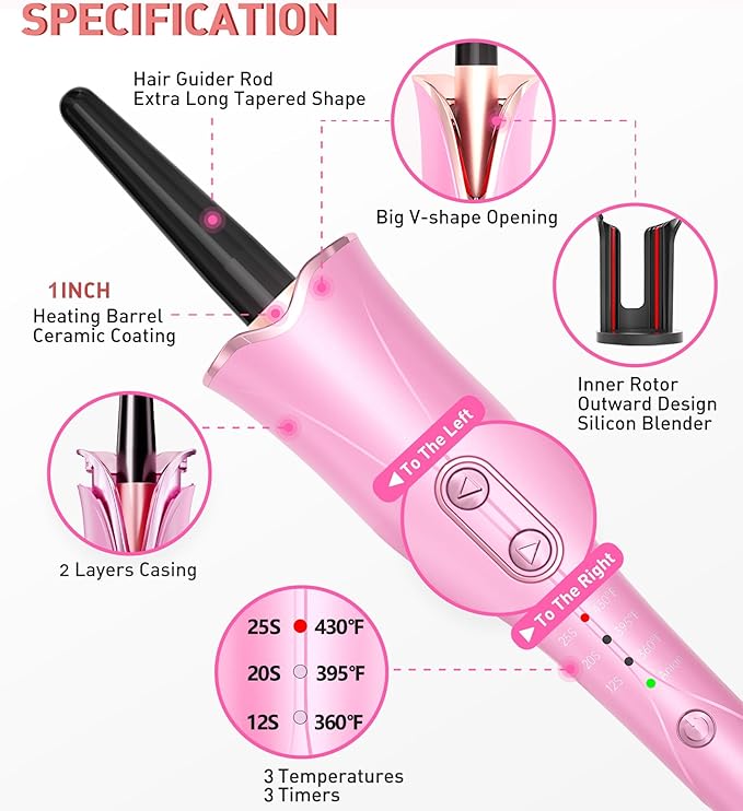 Automatic Curling Iron, Curling Wand Self Rotating for Medium and Long Hair, with Guider Rod - Easy to Use, No Burns, No Tangle, Fast Curl, 1 Inch, Dual Voltage, Automatic Hair Curler for Teen Girls