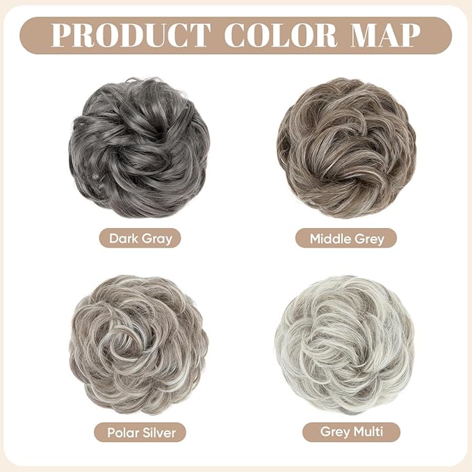 SARLA 2PCS Messy Hair Bun Hair Pieces Wavy Curly Synthetic Updo Fake Scrunchies Ponytail Extension for Women Grey Multi