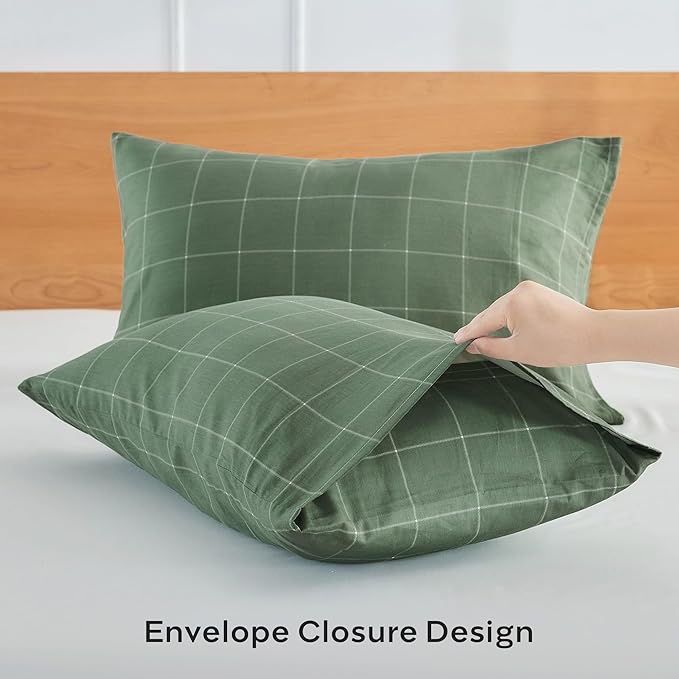 JELLYMONI 100% Natural Cotton Plaid King Pillowcases Set, 2 Pack White with Green Grid Geometric Pattern Printed Pillow Covers with Envelope Closure(Pillows are not Included)