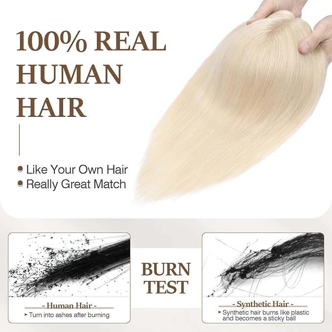 Rich Choices Hair Toppers for Women Real Human Hair 100% Human Remy Toppers NO Bangs for Women with Thinning on Top Clip in Hairpiece 4"x4.7"Lace Base 14 Inch #60 Platinum Blonde