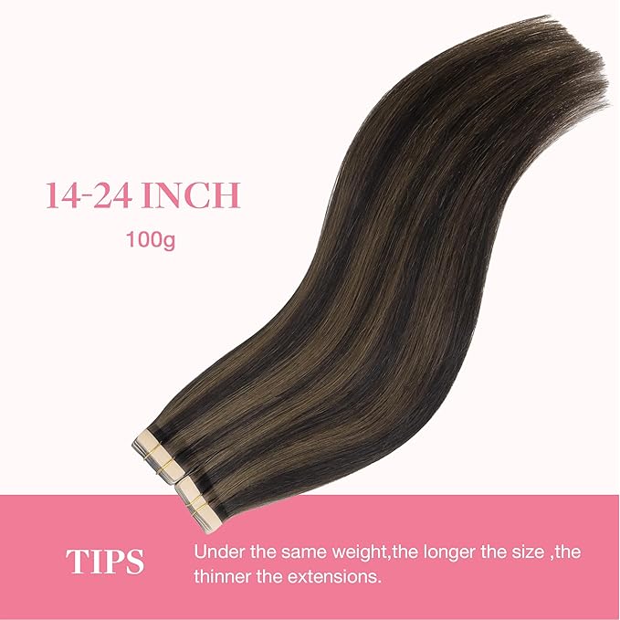 GOO GOO Tape in Hair Extensions Human Hair, 2/6 Dark Brown Highlighted Chestnut Brown, 18inch 100g 40pcs, Skin Weft Seamless Invisible, Silky Straight with Thick Ends, Remy Human Hair