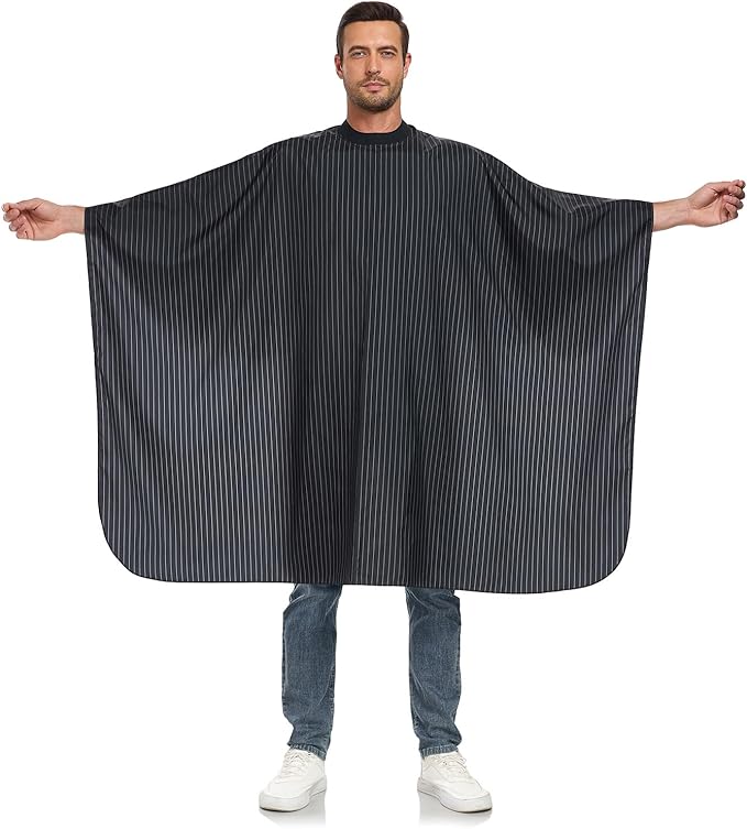 PERFEHAIR Pinstripe Barber Cape with Soft Silicon Neck Collar | Professional Hair Cutting Cape for Stylists & Adults | Hair & Water Repellent| Adjustable Snap Closure, 59" x 55", Black