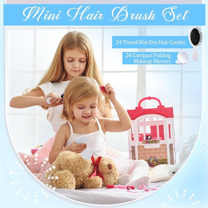 Meanplan 48 Pcs Mini Hair Brush Set 24 Travel Wet Dry Hair Combs Pocket Detangling 24 Compact Folding Makeup Mirrors for Spa Sleepover Birthday Bridal Shower Bachelorette Christmas Party Gift(White)