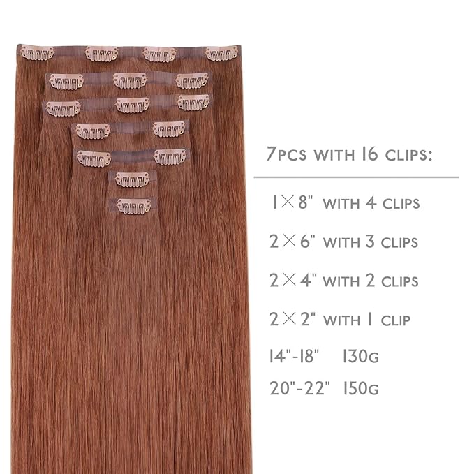 WENNALIFE Seamless Clip In Human Hair Extensions, 20 Inch 150g 7pcs Dark Auburn Copper Real Hair Extensions Clip in Human Hair Invisible PU Skin Weft Natural Remy Hair