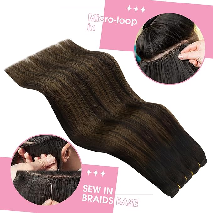 YoungSee 130g Hair Extensions Weft Balayage Human Hair Weft Extensions Dark Brown Mix Medium Brown Balayage Sew in Hair Extensions Real Human Hair for Long Hair 24Inch
