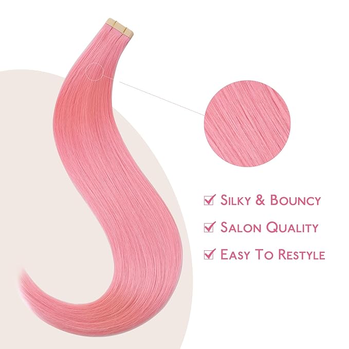 Wennalife Tape in Hair Extensions Human Hair Peach Pink Tape in Extensions, 10pcs 25g 16 inch Remy Invisible Tape Ins Straight Colored Soft Real Human Hair Tape in Extensions Refill Set Extensions