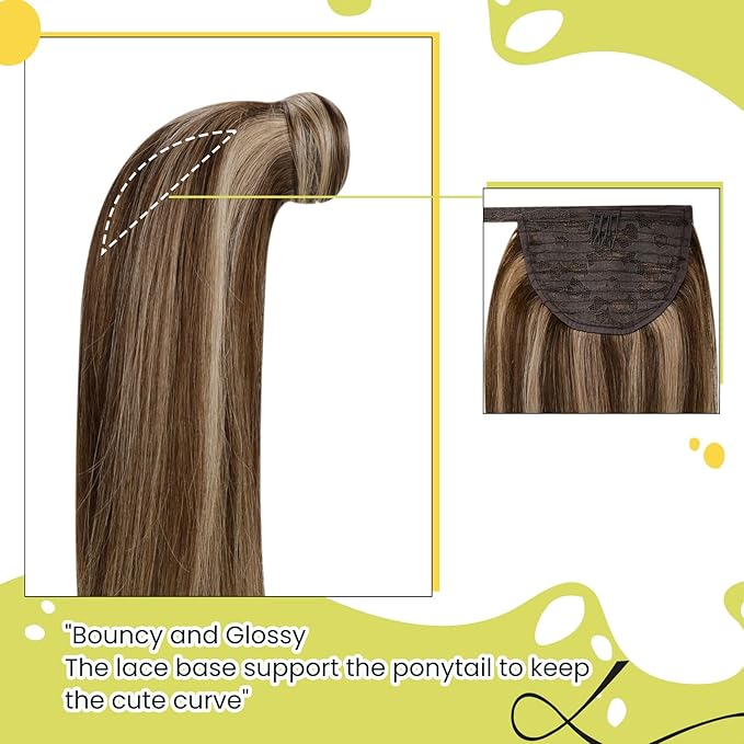RUNATURE Real Hair Ponytail Extension, Clip in Ponytail Extension Human Hair with Magic Paste, Straight Soft Remy Human Hair Pony Tail, 16 Inch 80g #3P12 Walnut Brown Highlight Caramel Blonde