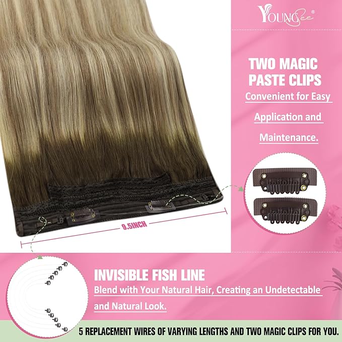YoungSee 135G Hair Extensions Wire Brown Blonde Human Hair Wire Extensions for Women Fish Line Hair Extensions Real Human Hair Balayage Walnut Brown Balayage Light Blonde 24inch