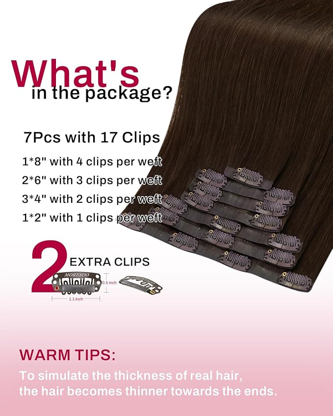 Moresoo Seamless Clip in Hair Extensions Dark Brown Hair Extensions Clip ins Straight 14inch Clip on Extensions Human Hair for Thin Hair for Daily use 7pcs/120g