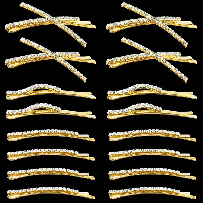 16 Pieces Rhinestone Bobby Pins, Fancy Metal Hair Clips, Crystal Shiny Barrettes, I S X Shaped Diamond Hair Accessories for Women Girls Wedding Prom Party (Gold)