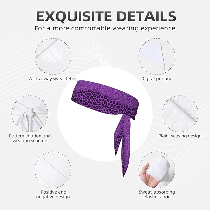 Men's Women Novelty Sports Sweat Bands Hair Decor for Sports Workout Spa, Long Boho Style Purple Glitter Pattern Cheetah Leopard Print Head Band Headdress