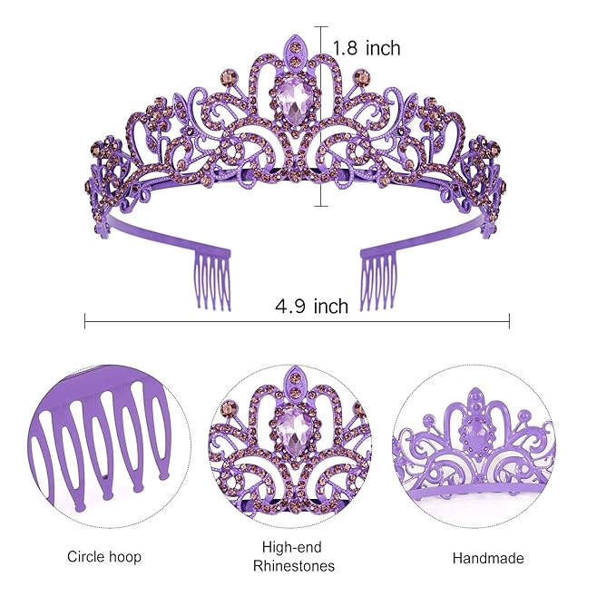 Velscrun Princess Crown, Tiara for Girls, Purple, Birthday, Classic Style, Female, Ages 1-18