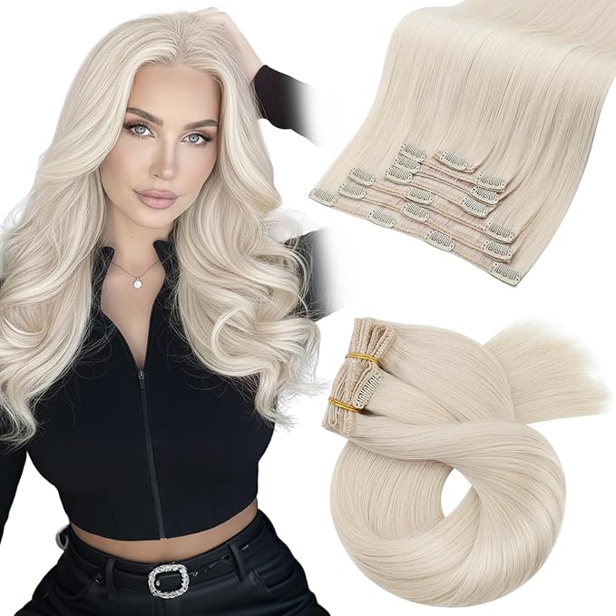 Moresoo Platinum Blonde Clip in Hair Extensions Blonde Hair Extensions Clip ins Straight Double Weft for Women 120g/7pcs 22 inch