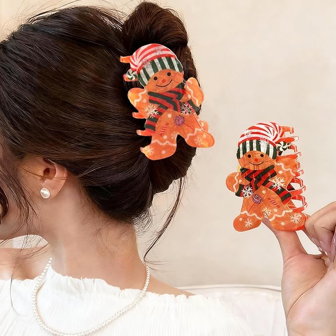 Christmas Hair Clips Gingerbread Man Hair Claw Clips Cute Snowflake Candy Cane Christmas Hair Barrettes Gingerbread Man Claw Clip with Green Hat Scarf Design Winter Xmas New Year Hair Accessories