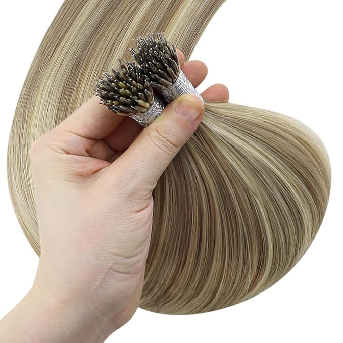 YoungSee Nano Extensions Human Hair Highlight Light Brown and Platinum Blonde Nano Bead Hair Extensions Human Hair Light Brown Nano-Tip Cold Fusion Hair Extension for Daily Use 14inch 50s 50g