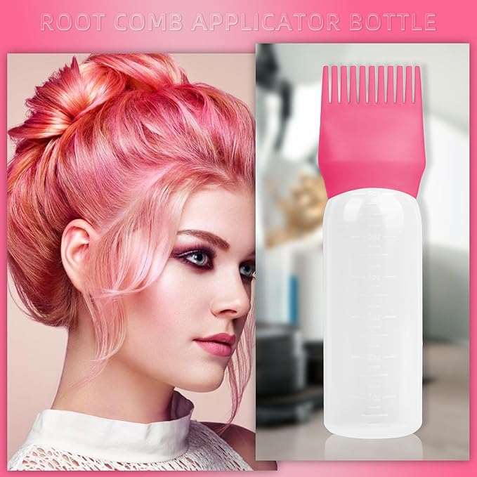 BLAAROOM Root Comb Applicator Bottle 6 Ounce, 2 Pack Hair Oil Applicator with Root Comb Brush - Dark Pink
