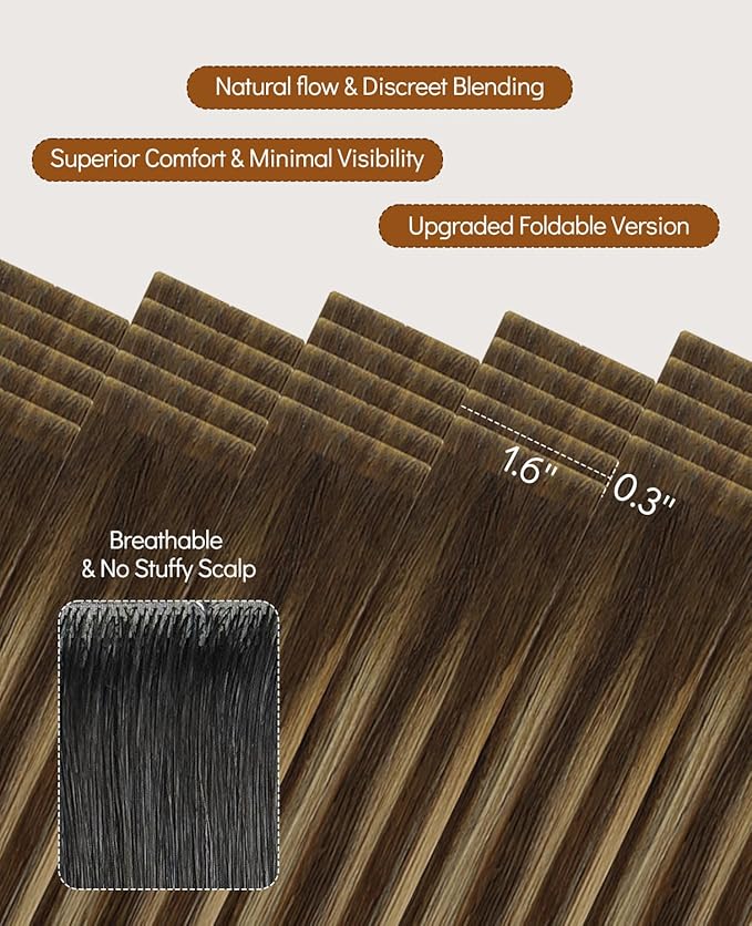 VINBAO Invisi Edge Seamless Tape in Hair Extensions Human Hair 18in 50g 20pcs Chocolate Brown to Caramel Blonde Balayage Injected Tape-ins Extensions Natural Look 18inch #4/27/4