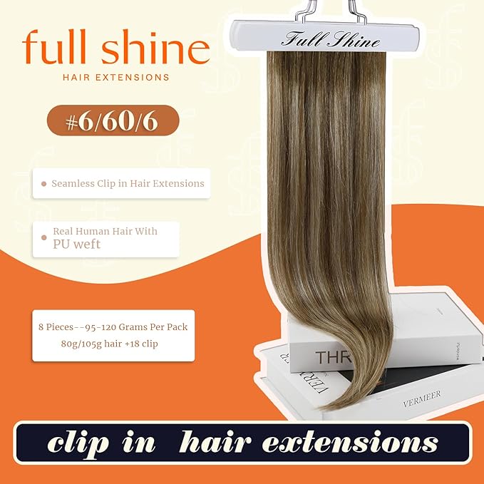 Full Shine Human Hair Clip in Extensions Balayage Straight Clip in Hair Extensions Chestnut Brown Ombre Brown Mix Platinum Blonde Real Human Hair 16 Inch 8 PCS 120 G