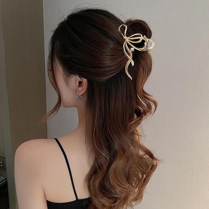 Metal Bow Hair Clips Bow Hair Claw Clips with Pearl Large Bowknot Claw Clip Strong Hold Nonslip Hair Jaw Clip for Thin Thick Hair Stylish Hair Accessories for Women Gold