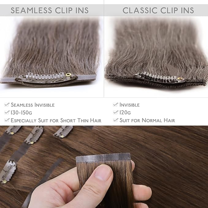 WENNALIFE Seamless Clip In Hair Extensions, 16 Inch 130g 7pcs Chocolate Brown Hair Extensions Clip in Human Hair Invisible PU Skin Weft Natural Remy Human Hair Extensions