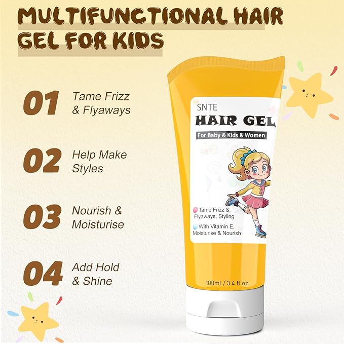 Samnyte Hair Gel for Kids, Baby Hair Gel Fly Away Hair Tamer, Styling Gel - Vitamin E Moisturize and Nourish, Flexible Hold Designed for Boys & Girls 3.4 Fl Oz