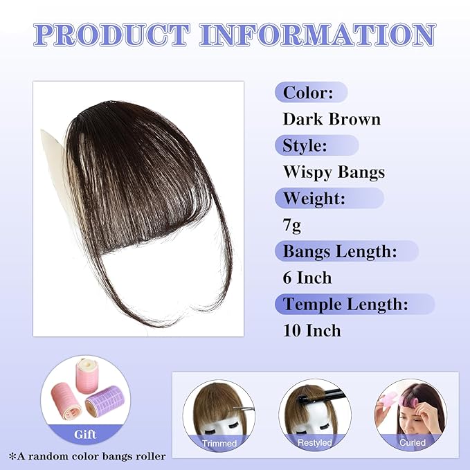 NAYOO Bangs Hair Clip- Dark Brown Fake Bangs 100% Real Human Hair Extensions Wispy Bangs for Women Fringe with Temples Hairpieces Curved Bangs for Daily Wear（Dark Brown Wispy Bangs）