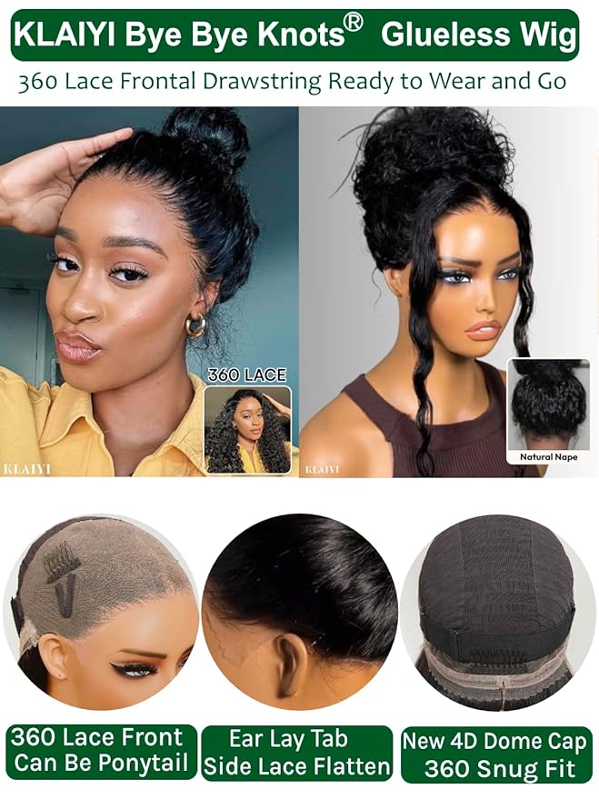 KLAIYI Water Wave Pre Cut 360 Full Lace Frontal Glueless Wig Human Hair Drawstring Pre Plucked Bleached Bye Bye Knots Pre Everything Ready to Wear And Go Curly Beginner Wig with Baby Hair 180% 22Inch