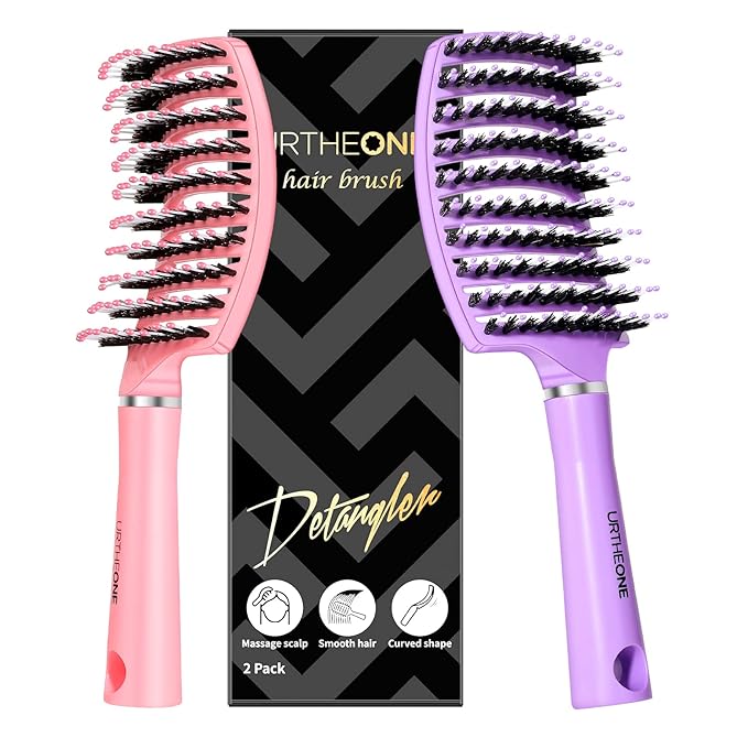 Hair Brush,URTHEONE Detangling Hairbrush Boar Bristle Curved Vented Hair Brush for Women Men Kids Curly Thick Long Short Wet or Dry Hair, Faster Blow Drying (2Pack, Pink&Purple)