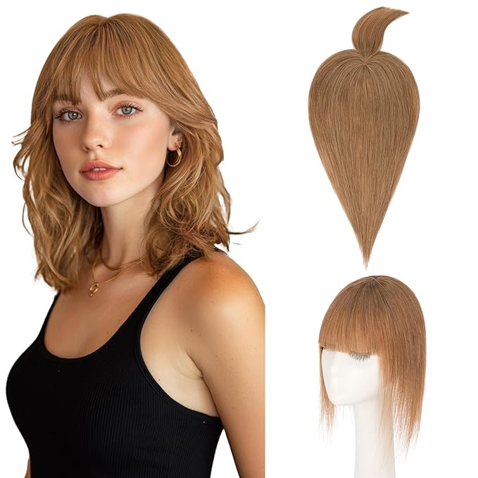 Hairro Mono Hair Toppers with Bangs, 3.4" x 3.4" Mono Base 100% Real Human Hairpieces for Women, 150% Density Clips In Topper for Greyish Thinning Hair, 12 Inch Blondish Brown