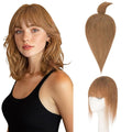 Hairro Mono Hair Toppers with Bangs, 3.4" x 3.4" Mono Base 100% Real Human Hairpieces for Women, 150% Density Clips In Topper for Greyish Thinning Hair, 20 Inch Blondish Brown