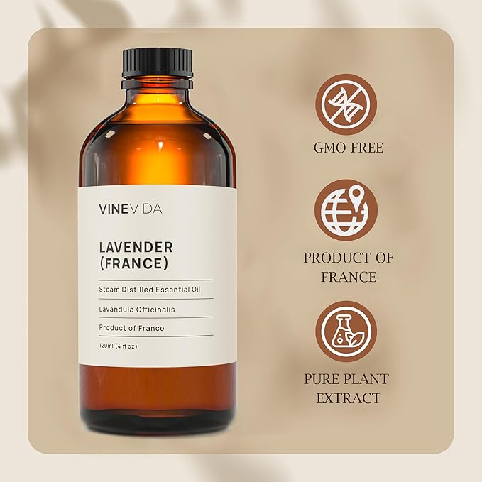 VINEVIDA Lavender France Undiluted Essential Oil 4 oz - Pure, Natural, and Raw Lavender Oil for DIY Candle Scents and Soap Making - Safe for Skin - Vegan and Cruelty Free