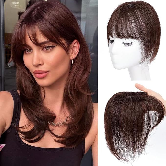 Amchoice Hair Toppers for Women Real Human Hair, Bangs Hair Clip 360° 3D Cover Bangs, Human Hair Toppers for Women Daily(Moch, 3D French Bangss (5 * 9))