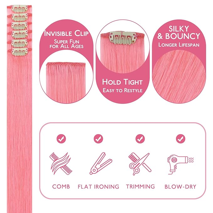 WENNALIFE Peach Pink Clip in Hair Extensions Real Human Hair 35g 6pcs 18 Inch Colored Hair Extensions for Kids Women Colorful Hair Pieces Pop-up Style Straight Extensiones De Cabello Humano Con Clip