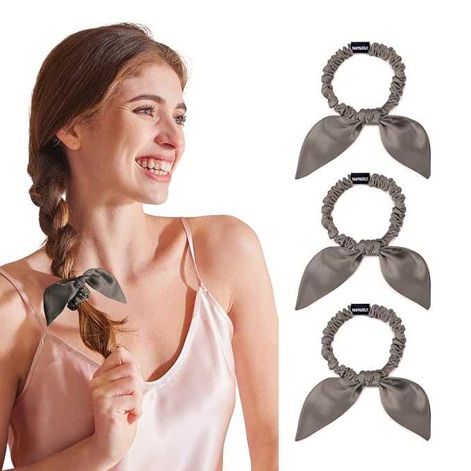 THXSILK 100% Mulberry Silk Bow Scrunchies 3-Pack, 22 Momme Mulberry Silk Hair Ties for Women, Cute Bunny Ear No Damage Ponytail Holders, Fashion Hair Accessories for Girls(S, Dark Grey)