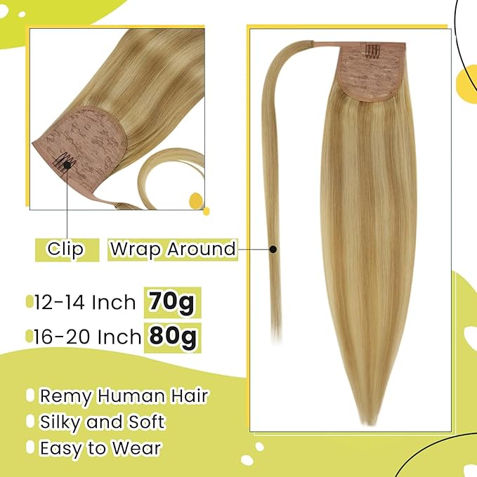 RUNATURE Human Hair Ponytail Straight, Ponytail Extension Human Hair, Real Hair Ponytail Extension Blonde, Remy Natural Hair Add Volume, 14 Inch 70g #16P24 Golden Blonde Highlights