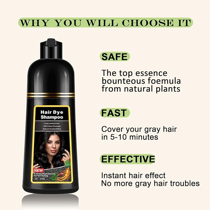 Instant Black Hair Dye Shampoo 3 in 1 for Men Women, Herbal Hair Color Shampoo for Gray Hair Coverage, Natural Champu Para Canas Easy to Use 17.6 FL OZ (Black)