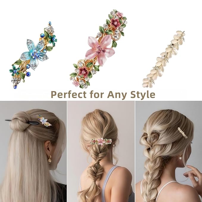 Enamel Flower Hair Clip Gift Set for Women - 3Pcs Vintage Rhinestone Barrettes for Thin & Thick Hair, Bridesmaid Hair Accessories, Teen Girl Birthday Gifts (Pink/Blue/Yellow Combo)