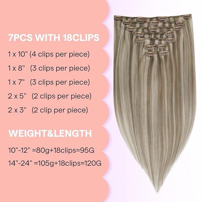 Full Shine Clip in Extension, Ash Blonde Higlight Light Blonde Hair Extensions Real Human Hair, 18 Inch Straight Natural Hair Extensions Clip ins, Double Wefr Add Thickness 7 Pcs 120g