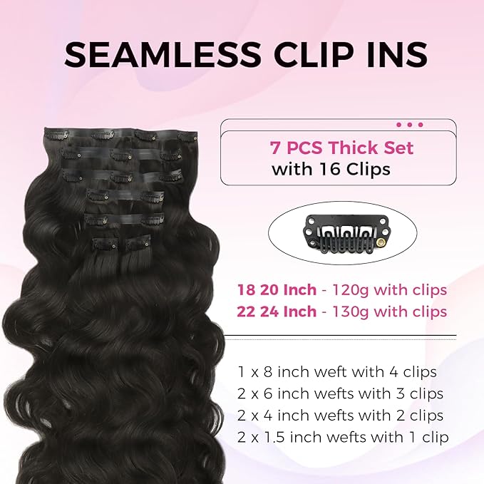 Lashey Seamless Clip in Hair Extensions Human Hair 130g 7pcs Body Wave Thick Remy Human Hair Extensions 24 Inch Natural Black Clip ins with Full End