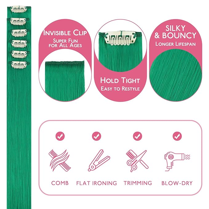 WENNALIFE Green Clip in Hair Extensions Real Human Hair 35g 6pcs 22 Inch Colored Hair Extensions for Kids Women Colorful Hair Pieces Pop-up Style Straight Extensiones De Cabello Humano Con Clip