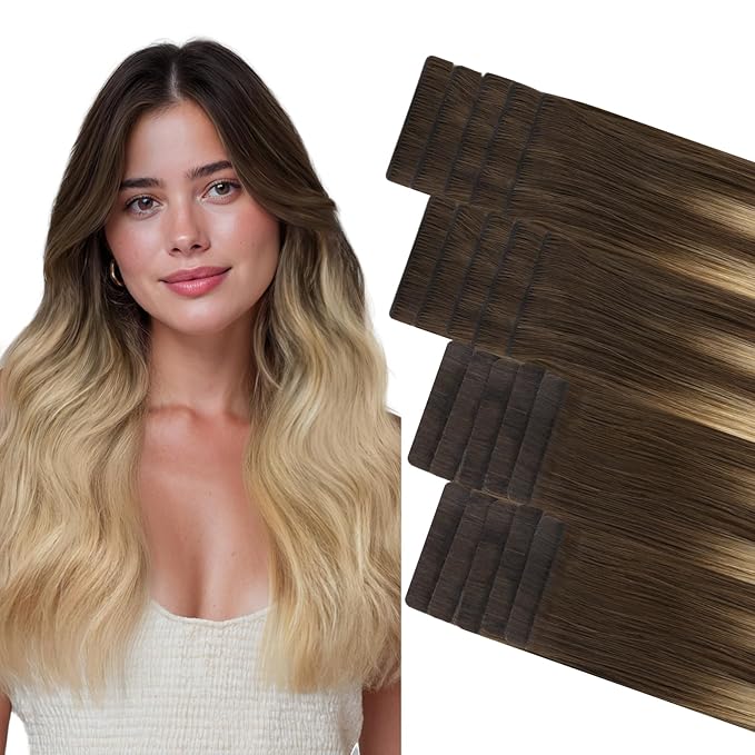 GOO GOO Invisi Edge Tape in Hair Extensions Human Hair, 4/18 Balayage Chocolate Brown Highlighted Dirty Blonde 10pcs injected with 10pcs classical tape ins, 22inch 50g, Virgin Remy Hair, Natural Look