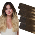 GOO GOO Invisi Edge Tape in Hair Extensions Human Hair, 4/18 Balayage Chocolate Brown Highlighted Dirty Blonde 10pcs injected with 10pcs classical tape ins, 20inch 50g, Virgin Remy Hair, Natural Look