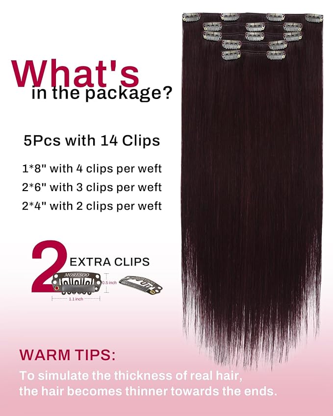 Moresoo Dark Red Clip in Hair Extensions Real Human Hair Red Burgundy Hair Extensions Clip ins Short And Straight Burgundy #99J Double Weft 80g/5pcs 14 inch
