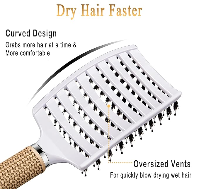 Detangling Brush Boar Bristles Set KTKUDY Hair Brush Curved and Vented Detangler Brush for Women Men Kids Wet and Dry Hair (Red&White)