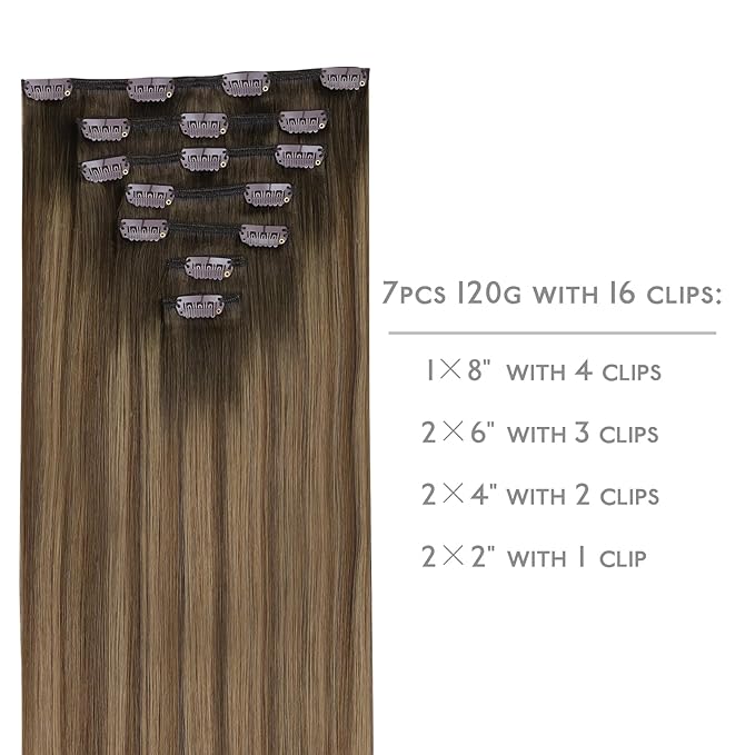 WENNALIFE Clip in Hair Extensions - Real Human Hair, 22 Inch 120g 7pcs, Light Ash Brown to Warm Chocolate Highlighted Caramel Blonde