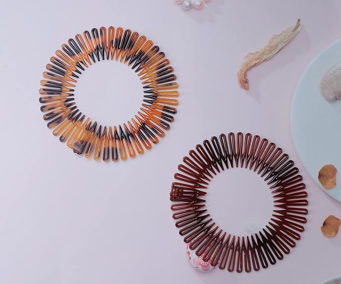 Sowaka 4 Pcs Circular Stretch Comb Plastic Black Brown Circle Spring Headband Flexible Hair Wrap Holder Hair Comb for Women Girls Outgoing Sports Hair Accessories (Round-leopard)